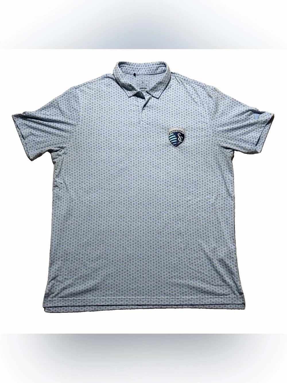 Adidas Sporting Kansas City Men’s XL Logo Blue Pattern Polo Shirt MLS Soccer KC